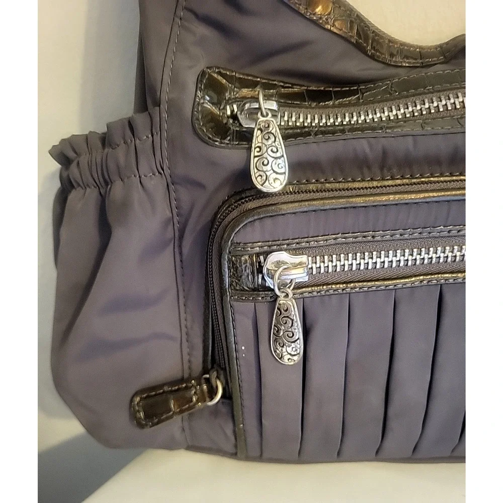Vintage Brighton Gray Nylon Shoulder Bag Hobo Brown Leather Trim Braided Handle